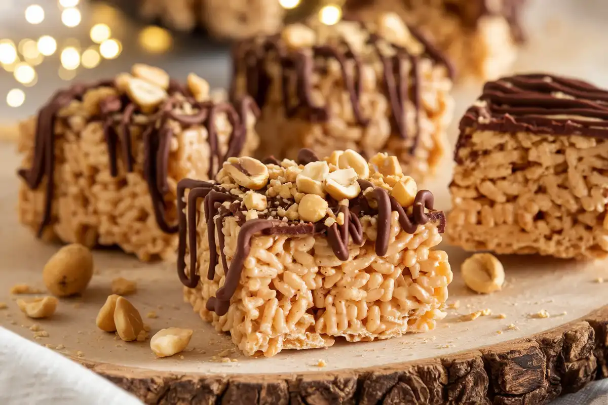 Delicious peanut butter rice crispy treats with chocolate drizzle.