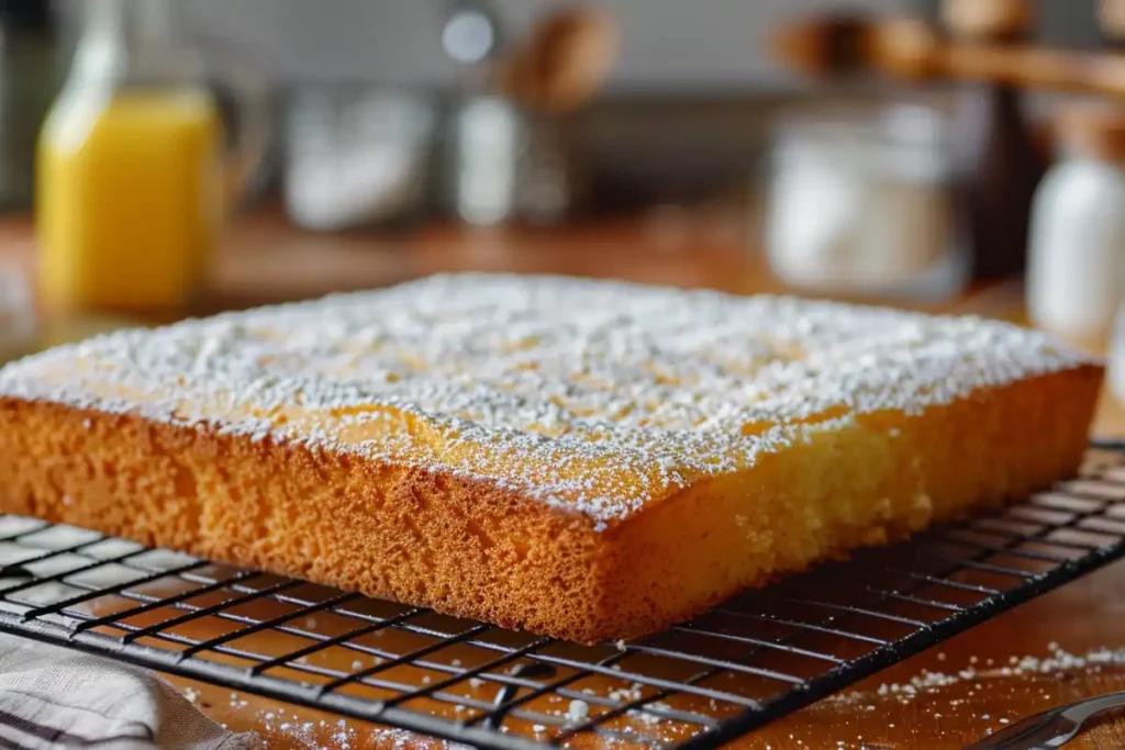 Creamy batter for kefir sheet cake in a mixing bowl.