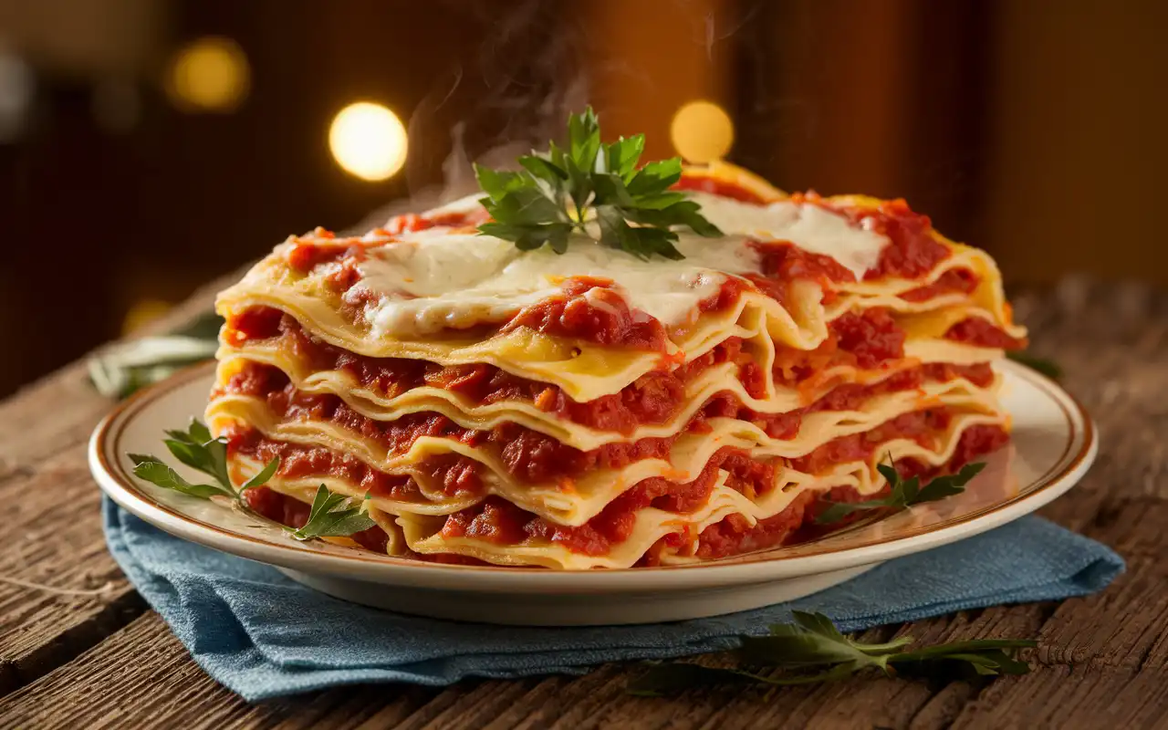 Delicious lasagna recipe with cottage cheese, topped with mozzarella and fresh parsley